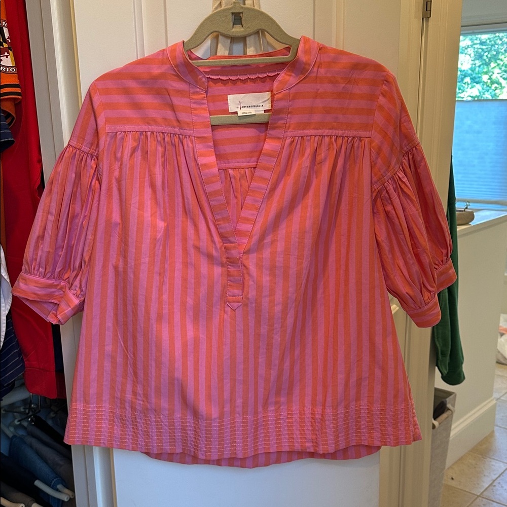 Pink Relaxed Blouse with Mandarin Collar and 3/4 Sleeves